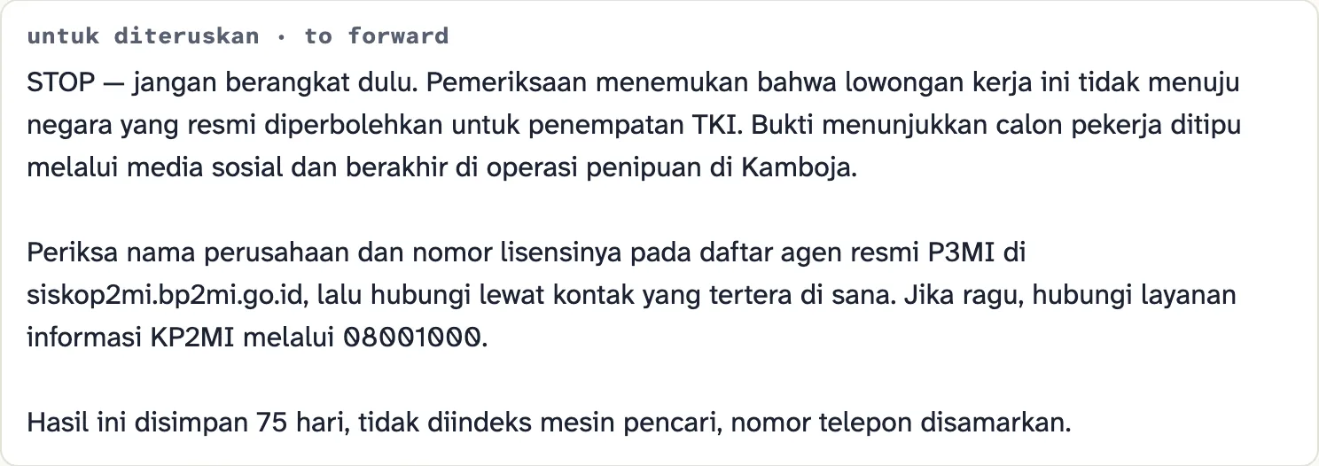 Awas — the message to forward to the family, in Bahasa, with copy and share buttons