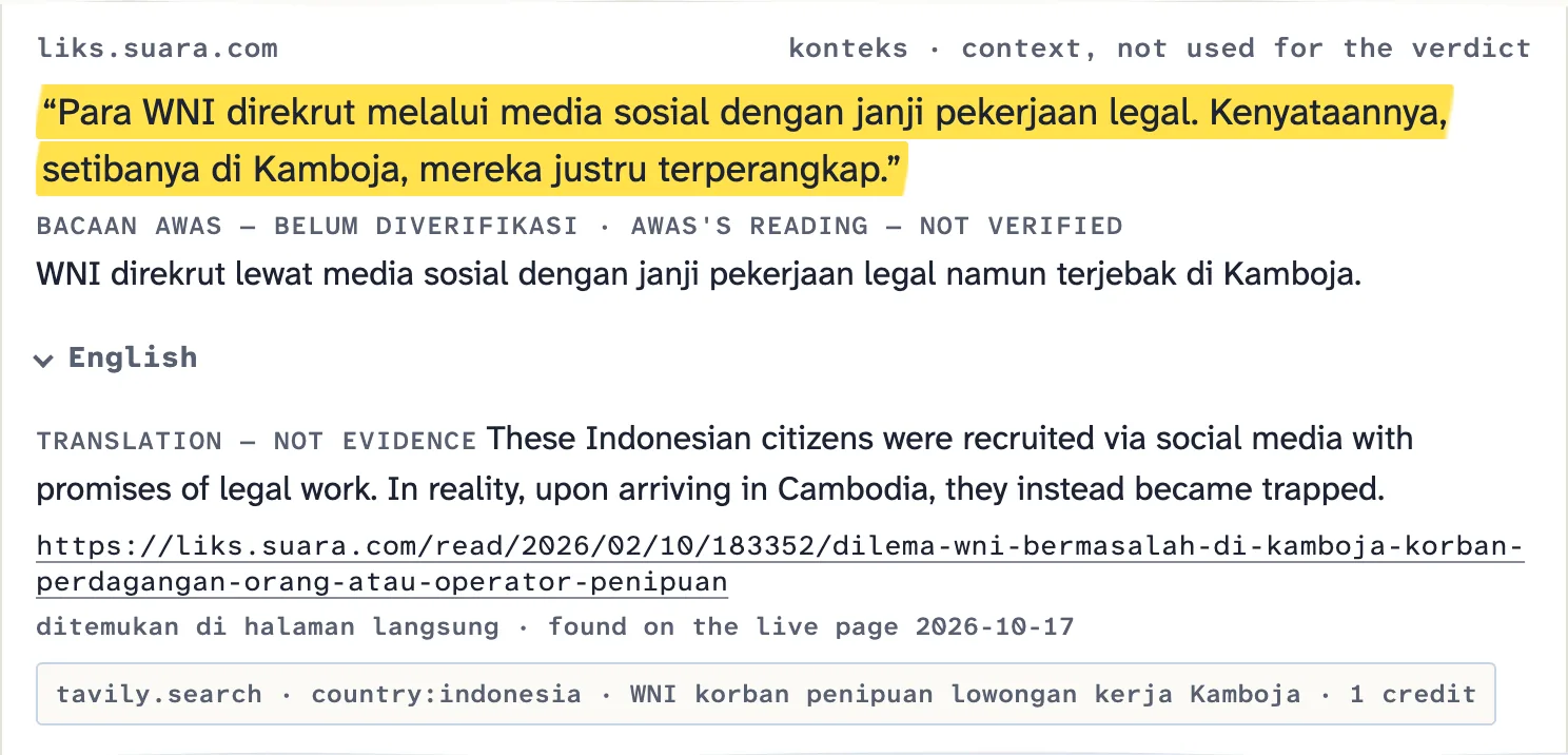 Awas — the quote highlighted yellow because code found it word for word in the page Tavily fetched